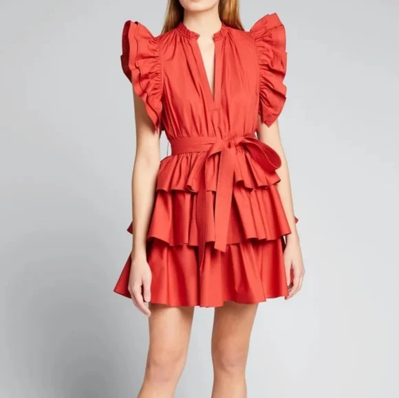 Ulla Johnson Hornoria Mini Dress Ruffle Red Cotton Size 8 - Picture 1 of 8